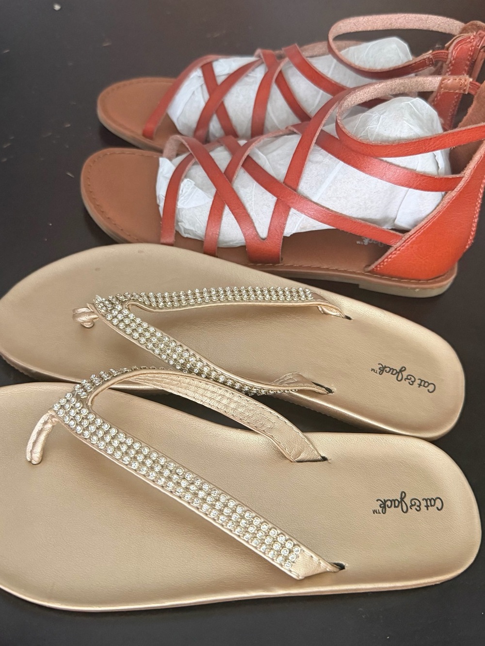 2 PAIR of Girls Sandals Gold Jeweled Flip Flops & Brown Strappy Sandals